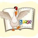Open book with goose walking out illustration